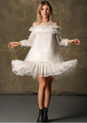 Ivory Tulle Mini Party Dress With Ruffles